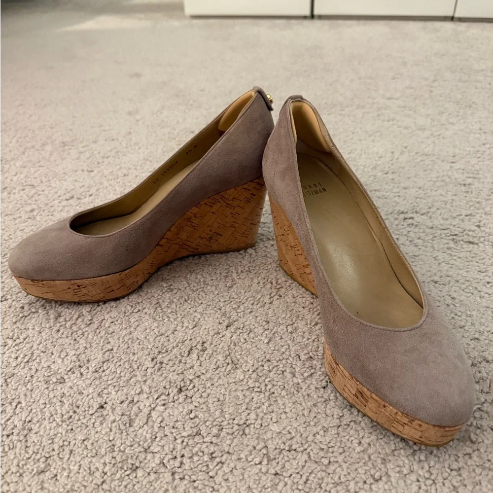 Stuart Weitzman Taupe Suede Cork Wedge Pumps - Picture 2 of 6